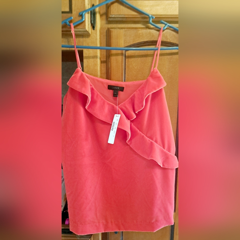 Ladies J Crew Bright Peachy Pink Ruffle Velvet Velour Tank Top Size 6 New Tags